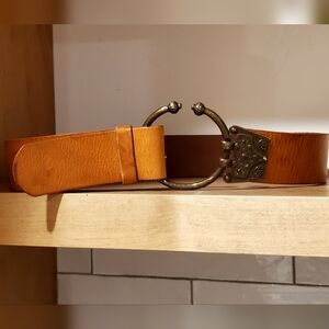 WMC New York Tobacco Brown Wide  Leather Belt Metal Ring Buckle, XL, EUC